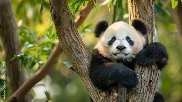 Obraz A panda bear on tree in wild forest.