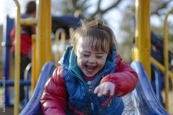 Fototapeta Joyful Child with Down Syndrome Enjoying Playground Fun on a Winter Day