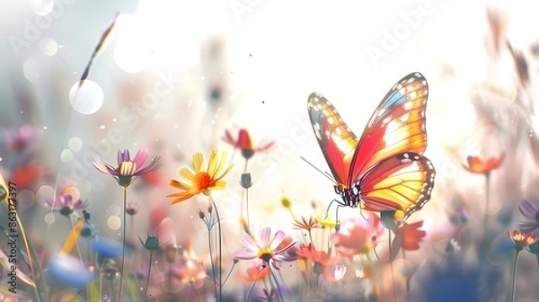 Fototapeta Close-shot of butterfly on a flower background