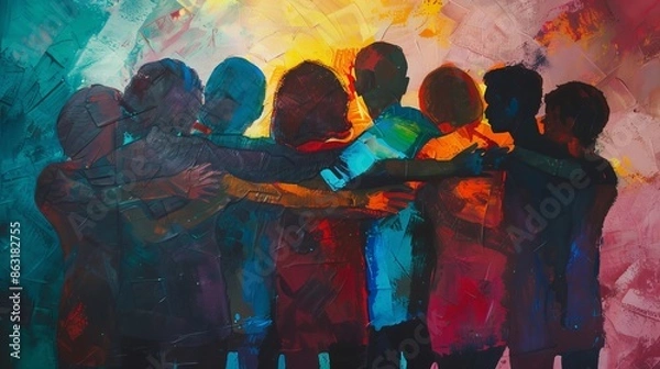 Fototapeta Unity and togetherness indiverse group standing strong and supporting one another.