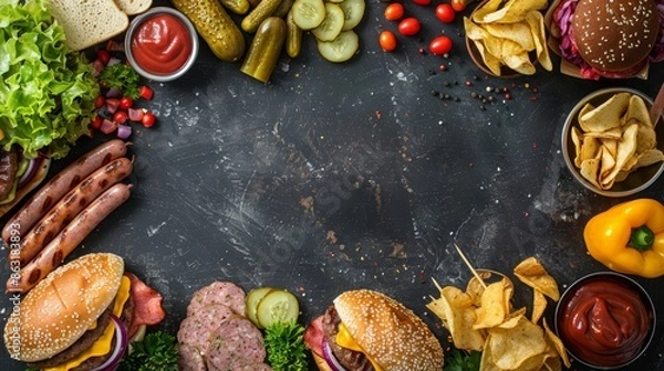 Fototapeta Overhead shot of a dark slate background banner surrounded by summer BBQ favorites: hot dogs, burgers, sausages, pickles, and chips, arranged beautifully for a festive look