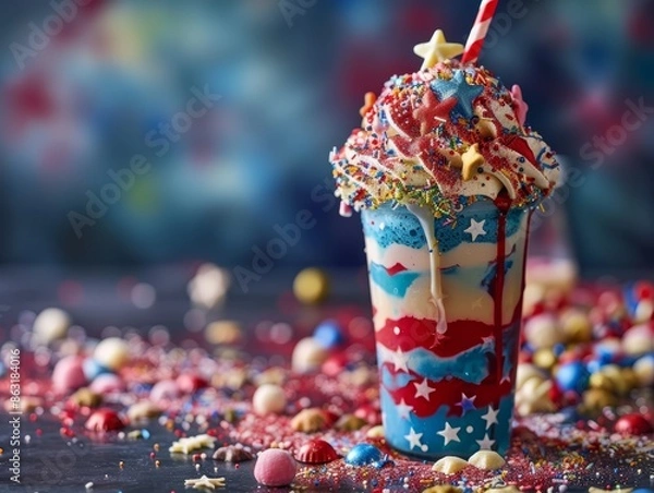 Fototapeta Patriotic milkshake with layers of red, white, and blue, topped with a USA flag. Decorated holiday table for Independence Day, vibrant 4th of July background, perfect for celebrations