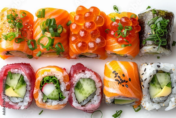 Fototapeta A plate of sushi with a variety of different types of sushi rolls. The sushi rolls are arranged in a visually appealing manner, with some rolls being more colorful than others