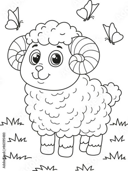 Obraz Coloring page outline of the cartoon smiling cute little sheep. Colorful vector illustration, summer coloring book for kids.
