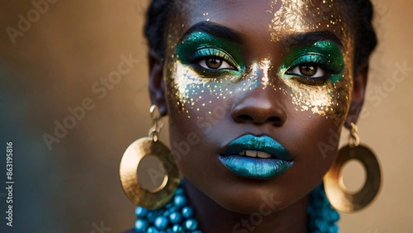 Obraz African woman with green and gold makeup, glamorous style. close-up portrait