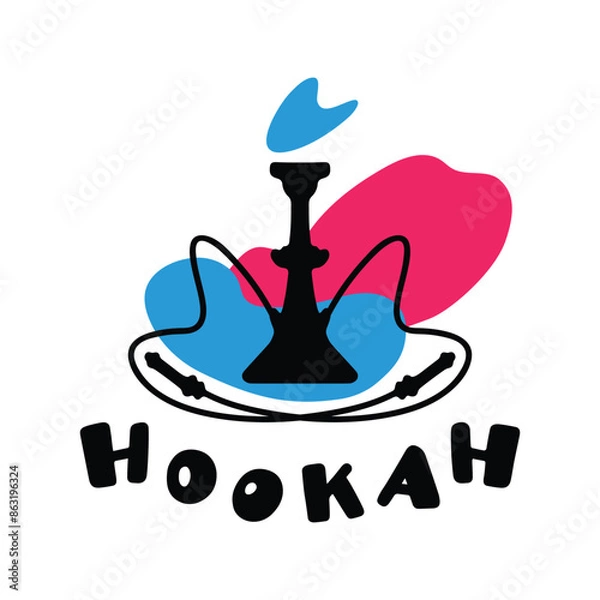 Fototapeta Logo template for hookah bar. Hookah silhouette. Abstract background with spots. Elements of bar equipment. Relaxation product. Stylized minimalist illustration