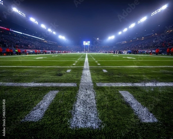 Fototapeta A football field lit up at night with a lot of people watching. AI.