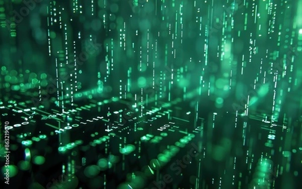 Fototapeta Technology abstract background, digital matrix code rain, monochromatic green hues, layered binary numbers, cyberpunk aesthetic