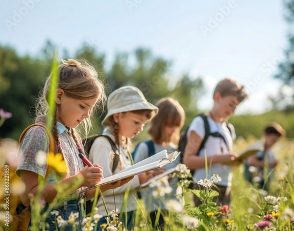 Fototapeta  A group of children on a field trip in nature, in their hands holding notebooks and pens. generative ai