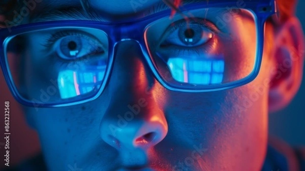 Obraz The light from computers reflects off of spectacles. Working late at night on a laptop is coder, or programmer. pensive, concentrated man in the dark.