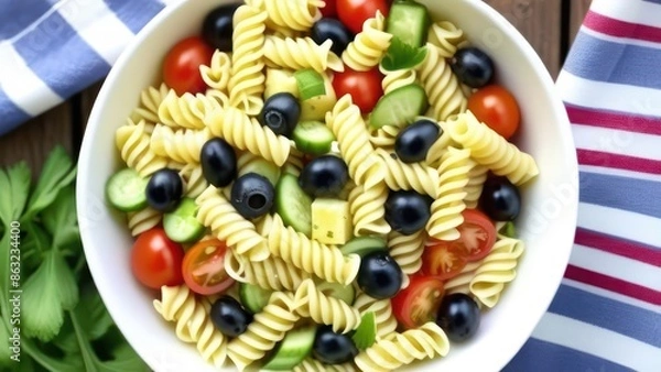 Fototapeta A wide image of a summer garden picnic scene with a focus on a large, colorful pasta salad.