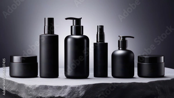 Fototapeta Black cosmetic bottles set on stone table. 