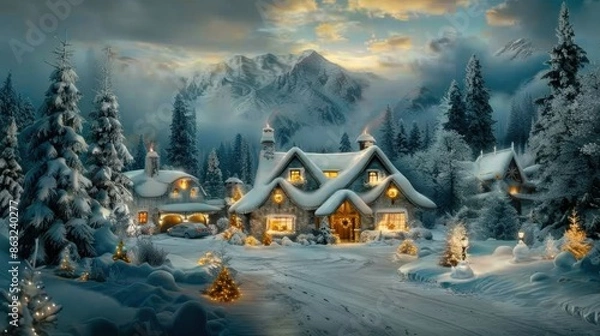 Fototapeta A picturesque winter Christmas scene with a cozy, illuminated cottage amidst snow-covered trees and mountains under a cloudy, evening sky.