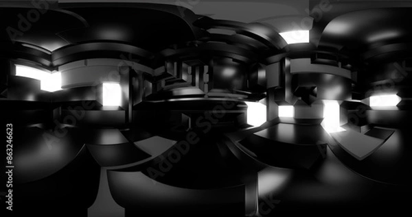 Fototapeta 3d rendering. HDRI environment map. 360 degree spherical seamless vr panorama. Abstract empty t interior with abstract rectangular decorative elements with neon lighting.
