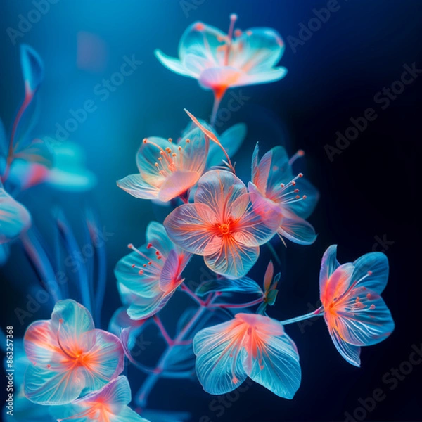 Fototapeta A beautiful bunch of abstract and futuristic, alien,  orchid style flower with transparent petals, vibrant orange and deep blues, delicate, see through, beautiful.