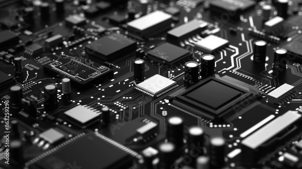 Fototapeta Black And White Minimalist Circuit Board Close Up. Generative AI