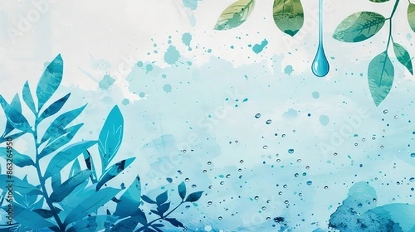 Fototapeta Abstract watercolor background with blue leaves and a water drop, perfect for nature and eco-friendly themes.