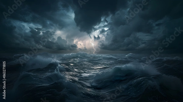 Fototapeta Dramatic Ocean Storm with Lightning and Dark Clouds