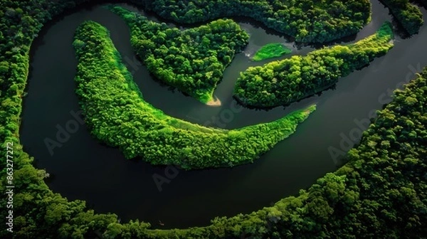 Fototapeta An aerial view of a lush green river delta showcasing winding waterways and dense forestation.