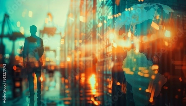 Fototapeta Silhouette of a man walking through a city street at night, blurred lights and reflections create a dreamlike atmosphere.