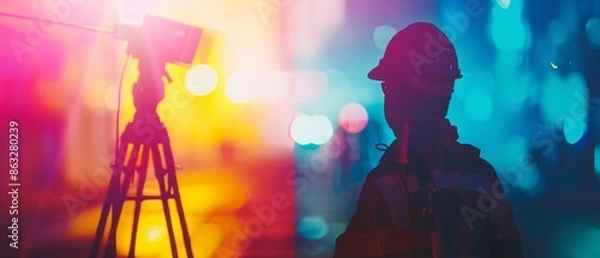 Fototapeta Silhouette of a person standing in front of a blurred background with colorful lights.