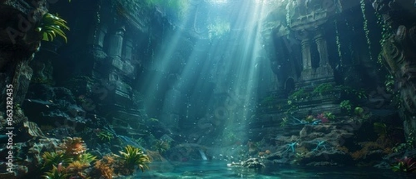 Fototapeta Sunbeams illuminate a mysterious underwater canyon.