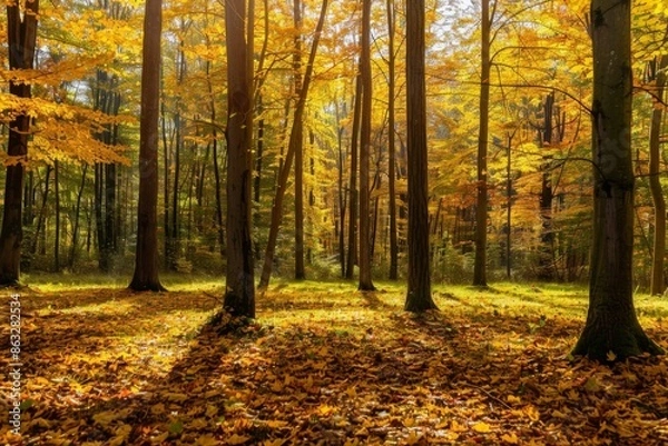 Fototapeta Sunlight filters through the canopy of a golden autumn forest, illuminating the fallen leaves and casting long shadows.