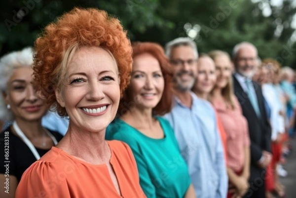 Fototapeta A group of smiling business people stand together in a meeting or gathering outdoors. They appear happy and engaged, with greenery in the background.