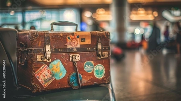 Fototapeta Vintage suitcase with travel stickers in an airport terminal.  The suitcase is in the foreground, with blurred people and luggage in the background.