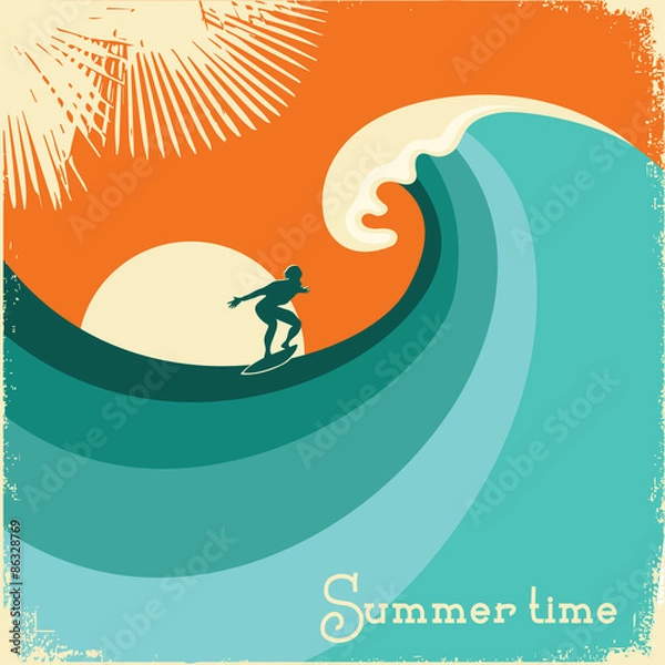 Obraz Surfer i fala morska. Ilustracja plakat retro
