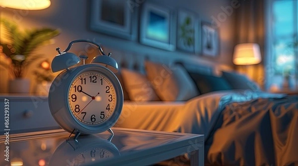 Fototapeta Cozy Bedroom with Vintage Alarm Clock in Warm Evening Light