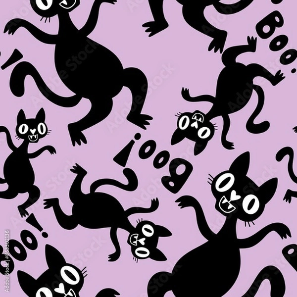 Fototapeta Halloween animals seamless cats and pumpkins pattern for wrapping paper