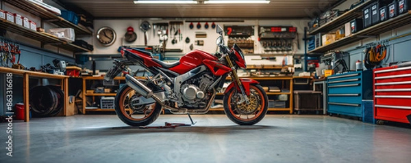 Obraz A pristine red sportbike stands prominently in a well-organized garage with tools and equipment