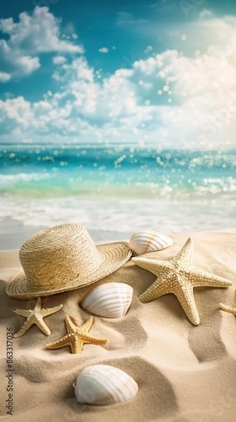 Obraz Beach scene with straw hat, starfish, and seashells on sand
