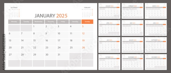 Fototapeta Calendar planner 2025 year schedule month calender, organizer template. Week starts on Monday. Business personal page. Modern simple vector illustration