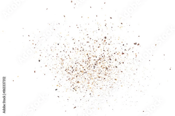 Fototapeta Black ground pepper scattered, spice flying isolated on white, clipping path	