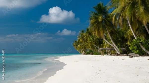 Fototapeta Featuring white sand and palm trees, an island beach in the Maldives is the epitome of tropical elegance and makes for an ideal getaway spot