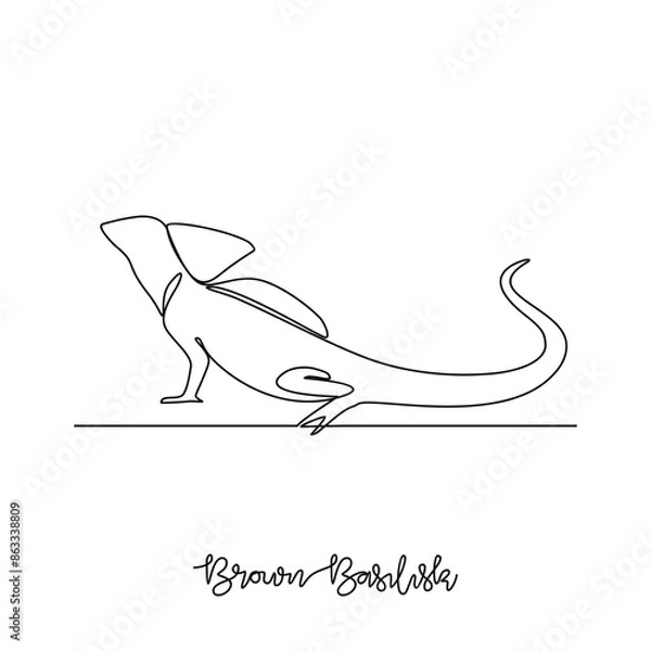 Obraz One continuous line drawing of brown basilisk vector illustration. Type of Lizard animal themes design concept with simple linear style. Lizards are reptiles with scaly skin, four legs, and a tail.