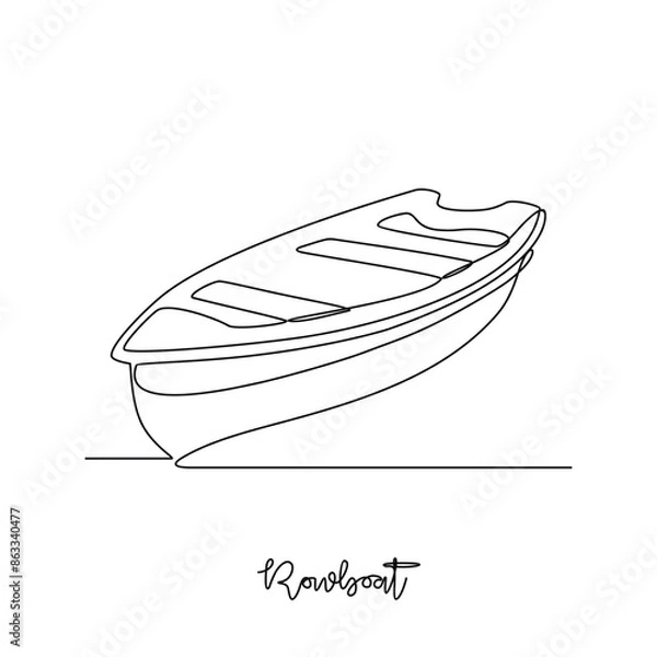 Fototapeta One continuous line drawing of Rowboat vector illustration. Sea transportation themes design concept with simple linear style. Sea transportation involve moving goods and people across body of water.