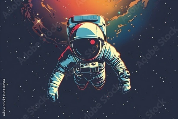 Fototapeta Abstract retro astronaut floating in zero gravity. simple Vector art