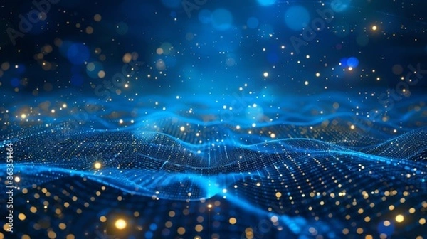 Fototapeta Digital abstract wave background in blue with golden particles. High-tech, futuristic design featuring undulating waves and shimmering lights