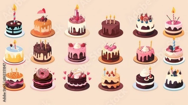 Fototapeta Vector design of a set of birthday cakes Collection includes colorful and delicious flavors for party elements