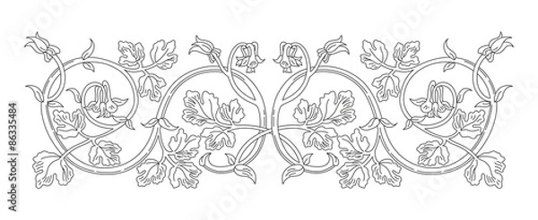 Fototapeta Kwiatowy ornament w stylu średniowiecznym. Wzór przeplatających się łodyg, liści i kwiatów. Ramka wektorowa, elegancka winieta, element projektu i dekoracja strony