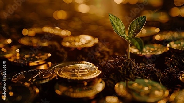 Obraz single seedling growing out of bitcoins, crypto currency, life growing out of crypto