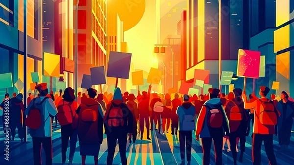 Obraz flat illustration vector, portrait of protesting in front of a government building city street, with protest signs,