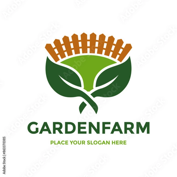 Fototapeta Garden farm vector logo template. This design use leaf and fence symbol. Suitable for farm.