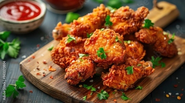Fototapeta Close-up of crispy fried chicken pieces on a wooden serving board, garnished with fresh herbs and served with dipping sauce