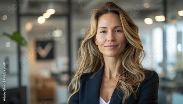 Fototapeta a 35-year-old CEO exudes confidence and authority. Behind her, the check mark symbol stands as a visual testament to her unwavering commitment to excellence.