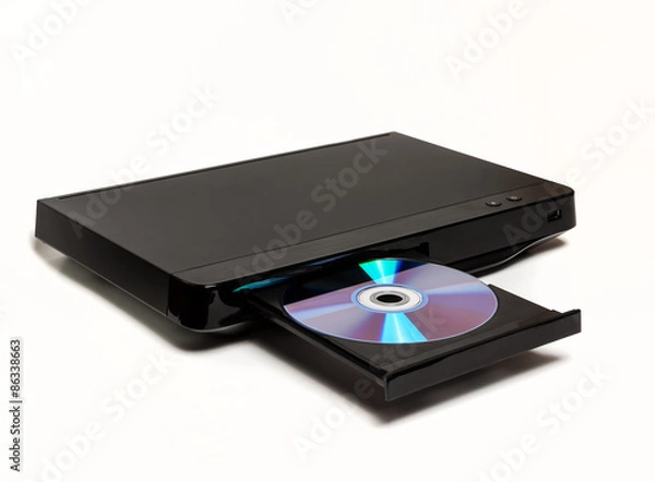 Fototapeta Odtwarzacz DVD CD MP3 JPEG na białym tle z otwartą tacą i dyskiem w nim
