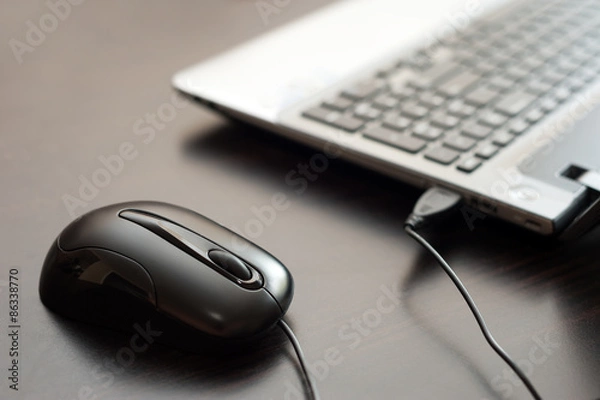 Obraz Computer mouse with silver laptop computer on the desk. Image with selective focus